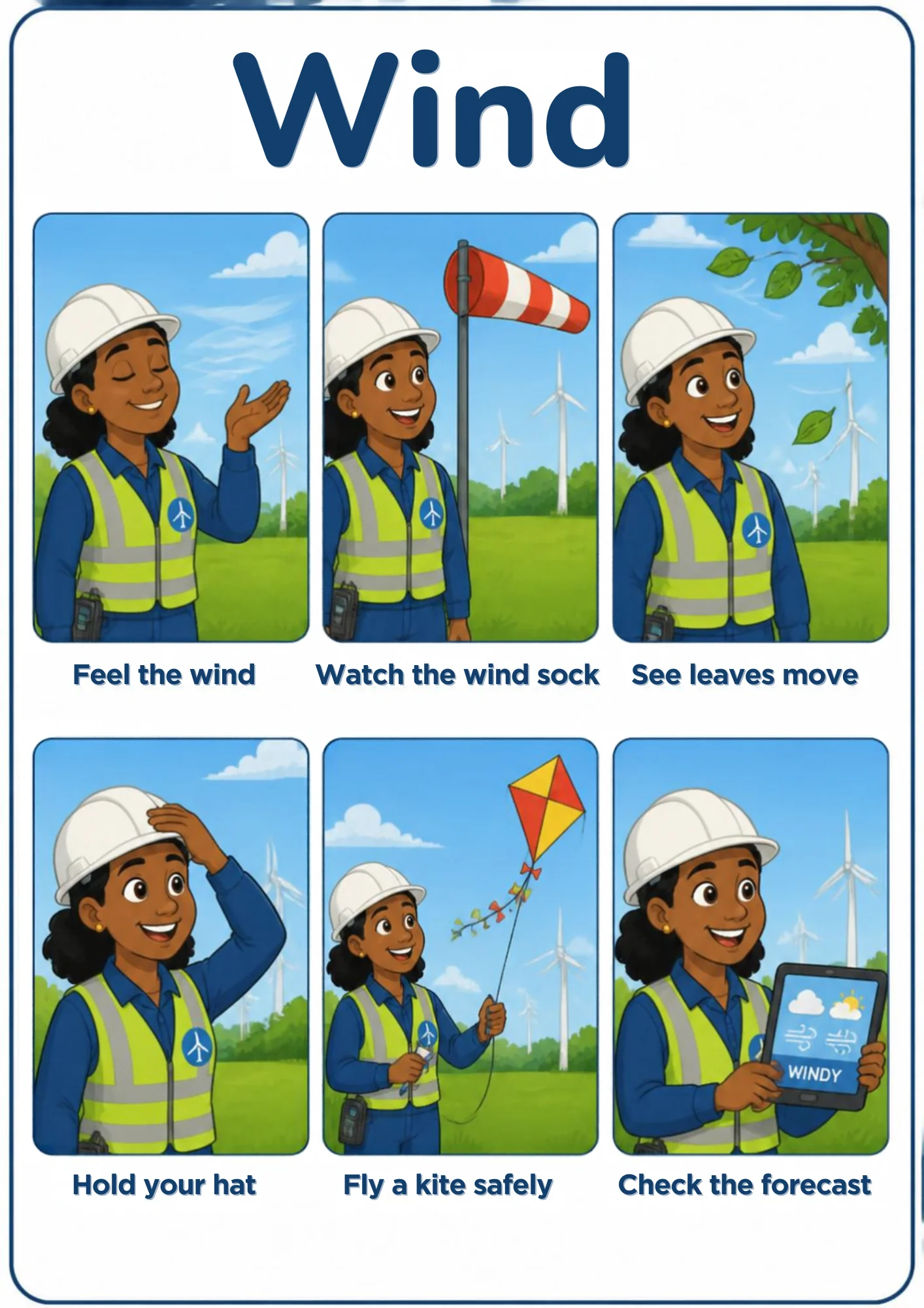 A weather flashcard titled Wind: a wind-farm engineer in a white hard hat and high-visibility vest feels the breeze, watches a red-and-white wind sock, sees leaves blow, holds her hat, flies a kite safely and shows a tablet that reads WINDY.