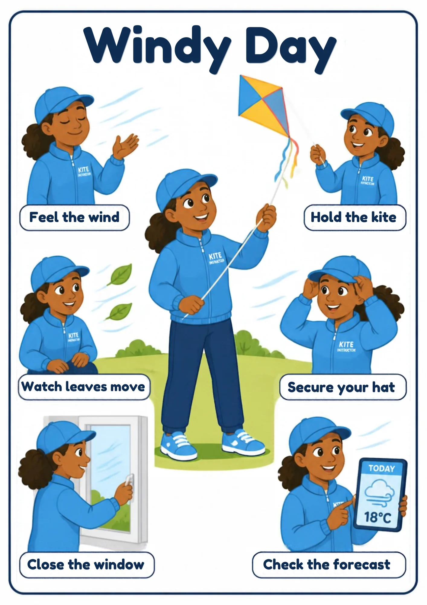A weather flashcard titled Windy Day: a kite instructor in a blue cap flies a blue-and-yellow kite on a grassy field, with pictures of feeling the wind, holding the string, watching leaves fly, securing a hat, closing a window and an 18°C windy forecast.