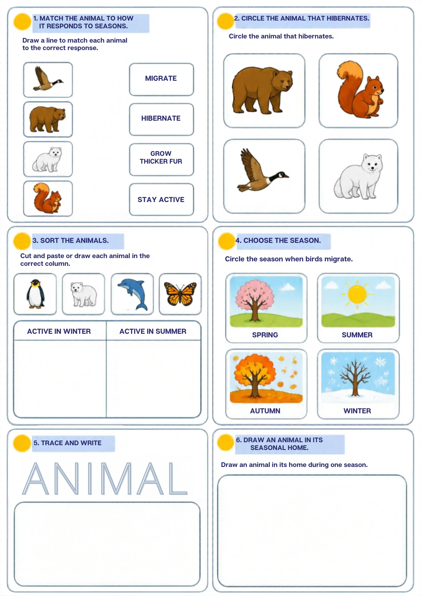 A animals-and-seasons worksheet for ages 4–5: match each animal to its season, circle the hibernating bear, sort the animal cards and trace the word ANIMAL. Print it for a quiet table session.