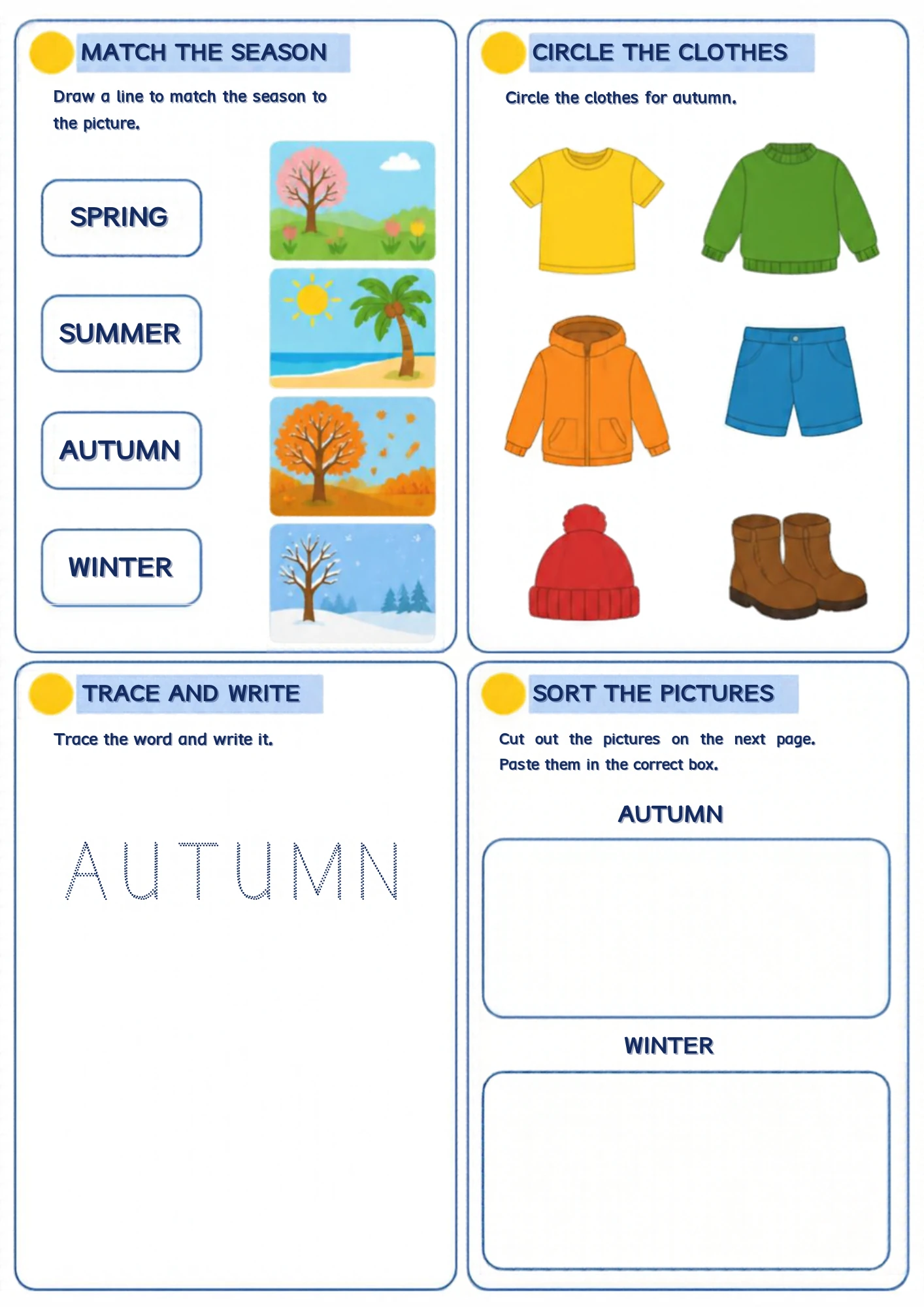 The full Autumn and Winter Sorting weather worksheet: Match the seasons, circle the right clothes, sort autumn from winter and trace the word AUTUMN.
