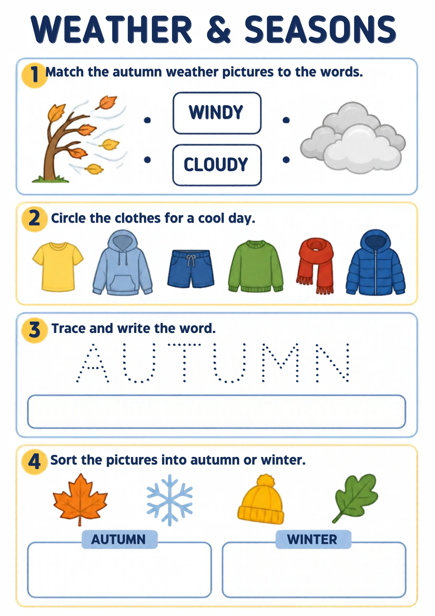 The full Autumn Weather and Clothes weather worksheet: Match autumn weather to words, circle the cool-day clothes, sort autumn from winter and trace AUTUMN.