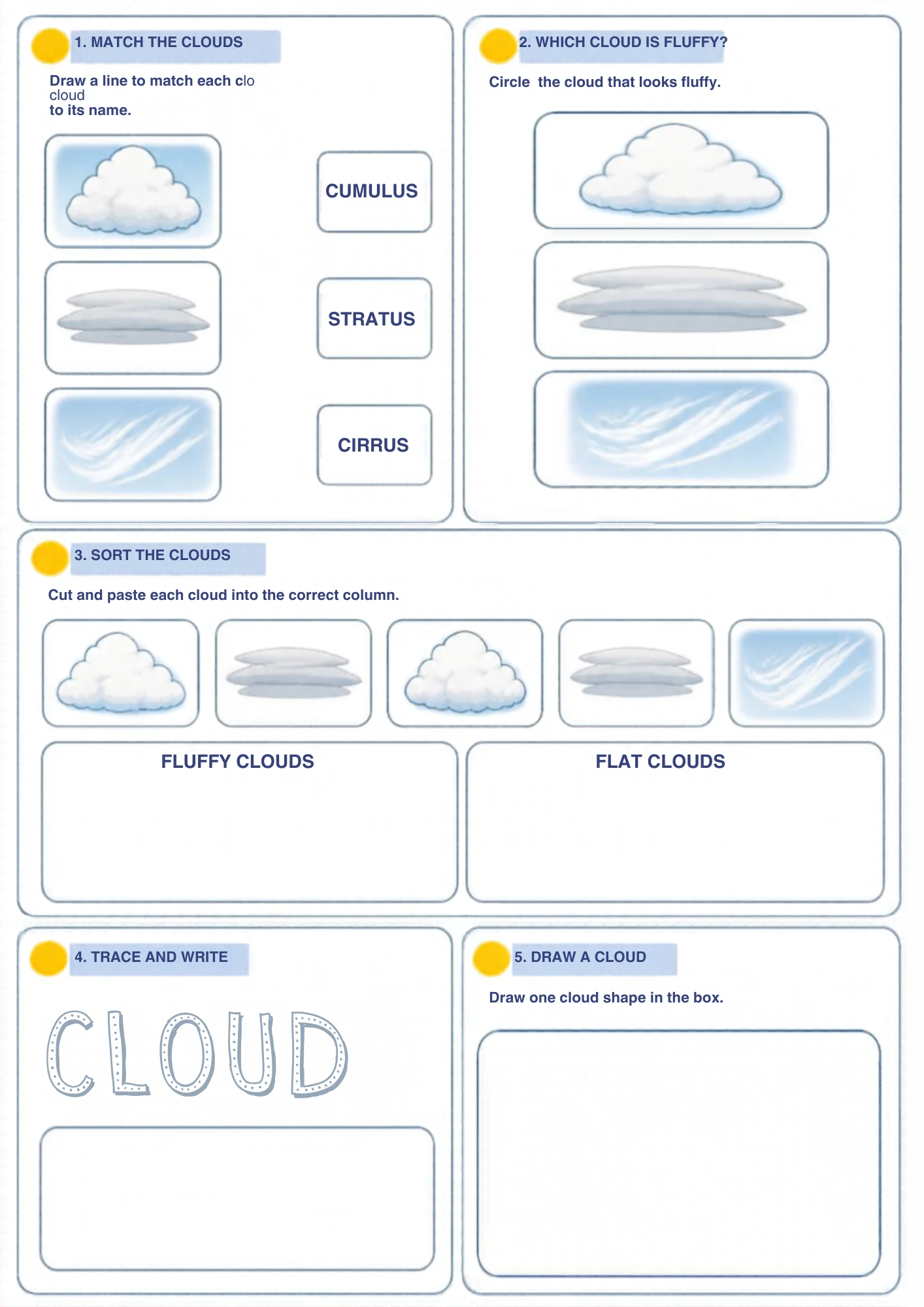 A cloud types worksheet for ages 4–5: match cumulus, stratus and cirrus to their names, circle the fluffy cloud, sort fluffy from flat and trace the word CLOUD. Printable.