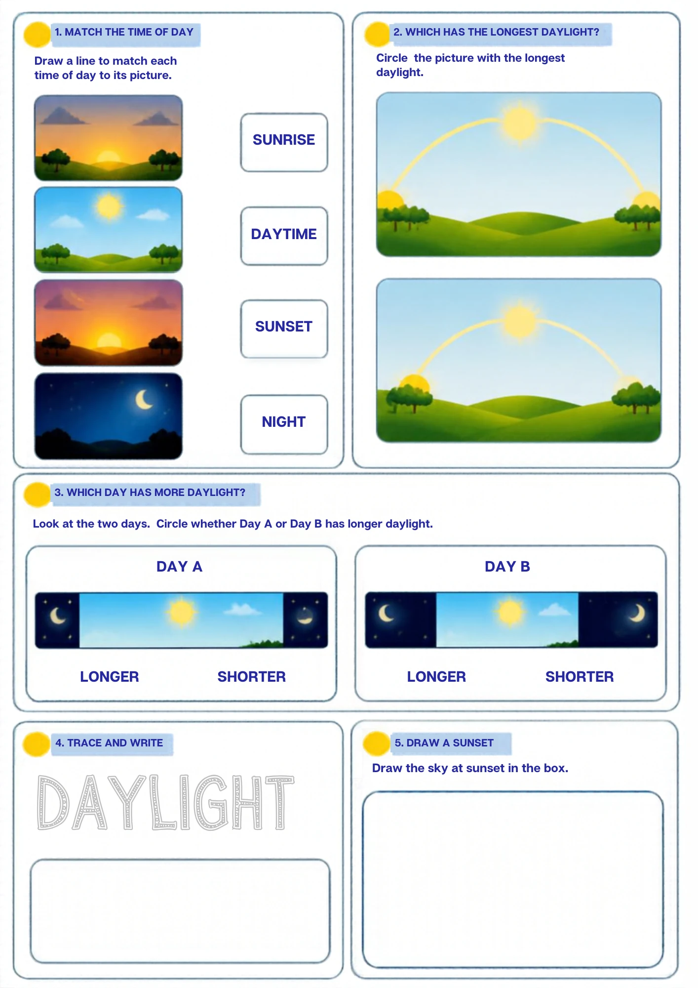 The full Daylight: Sunrise and Sunset weather worksheet: Match the times of day, compare daylight, order the sun arc, trace DAYLIGHT and draw a sunset.
