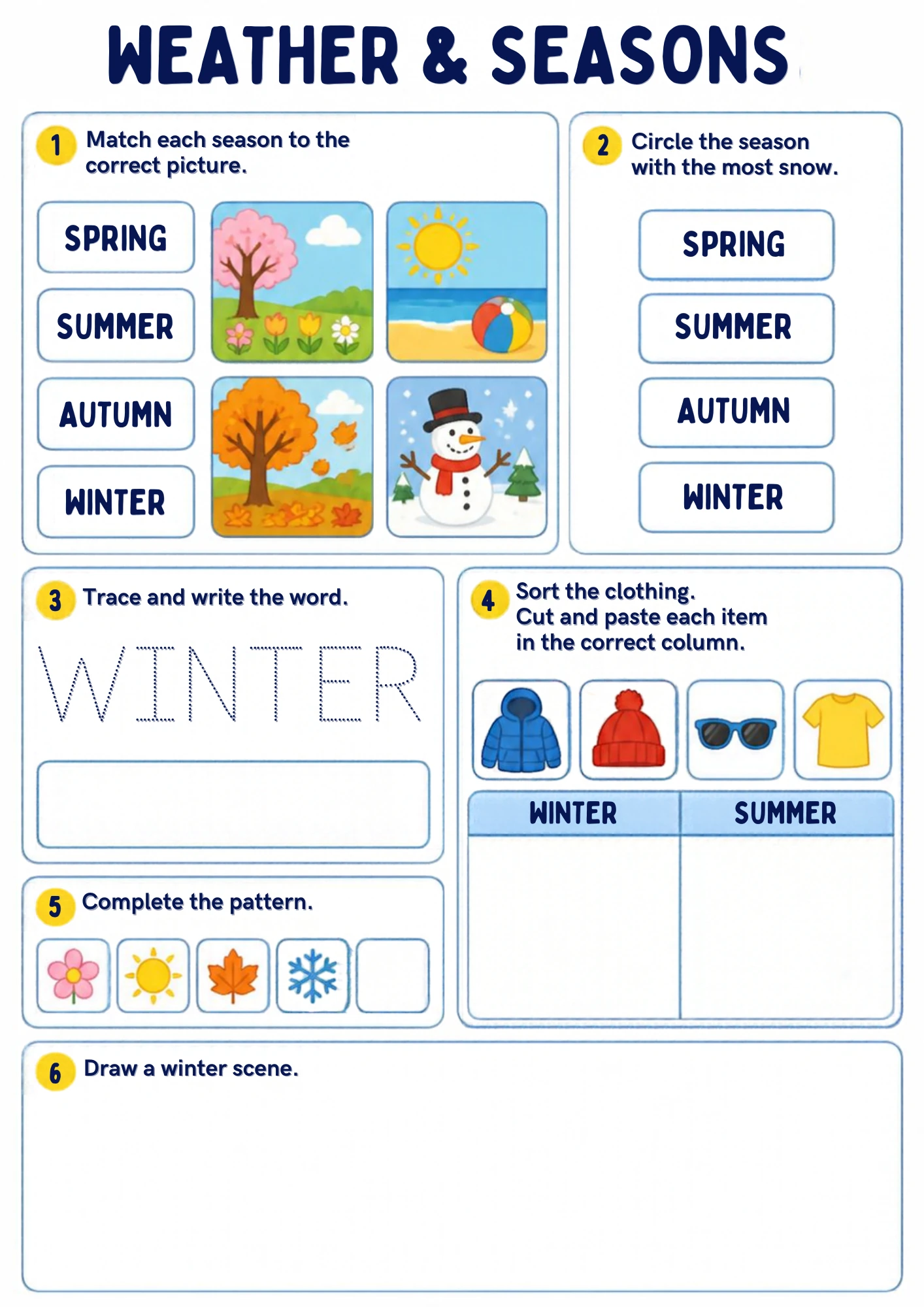The full Four Seasons Matching weather worksheet: Match the four seasons to their pictures, circle the snowy one, sort the clothes and trace WINTER.
