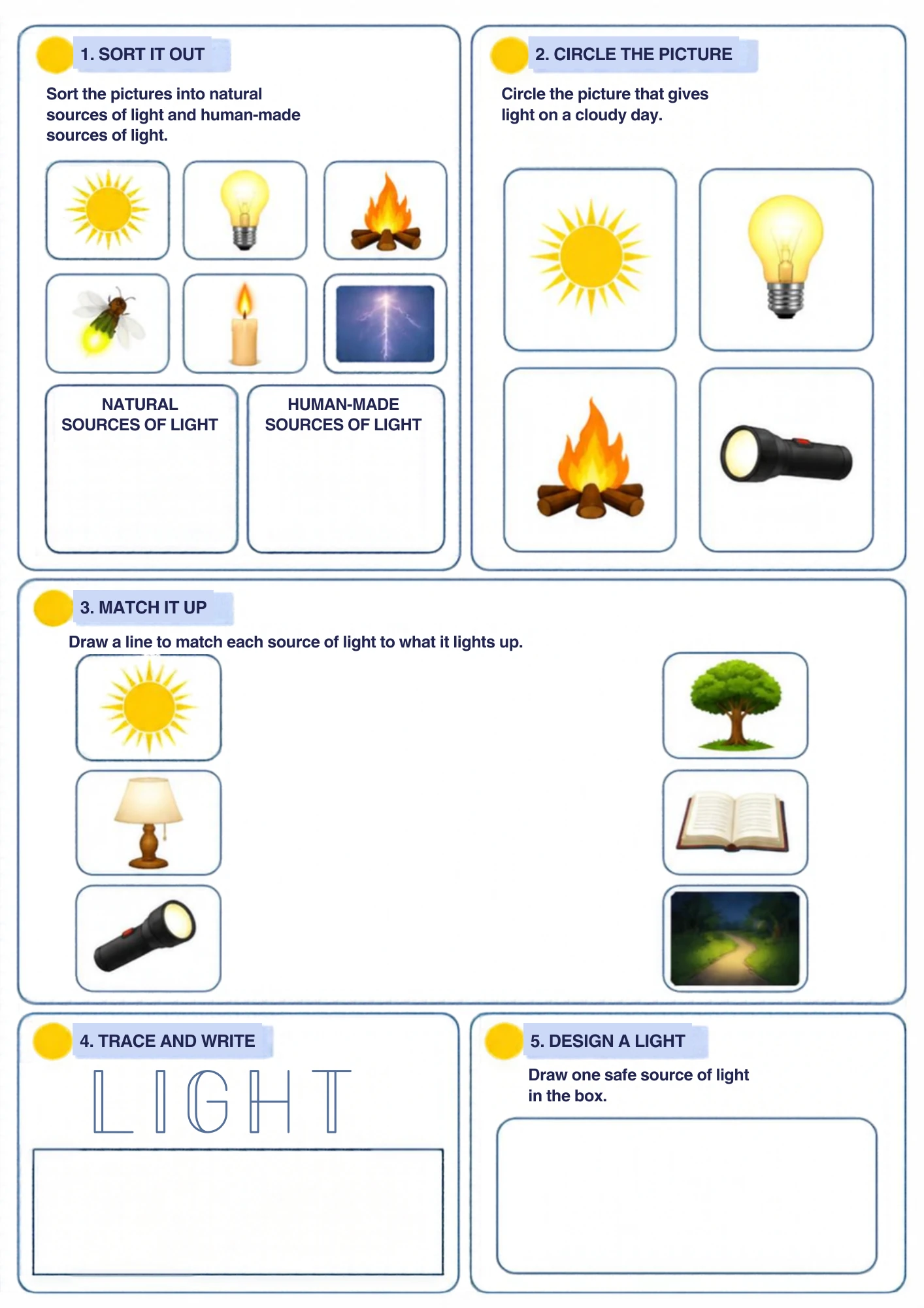 A light sources worksheet for ages 4–5: sort the light makers from the dark things, circle, match and trace the word LIGHT. Printable for ages 4–5.