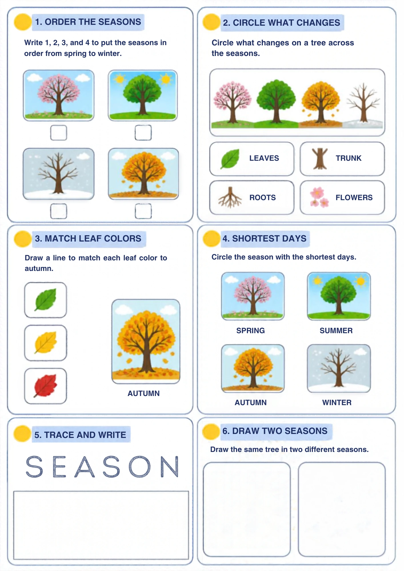 A seasons-and-trees worksheet for ages 4–5: order the same tree through spring, summer, autumn and winter, match leaf colours and trace the word SEASON. Printable.