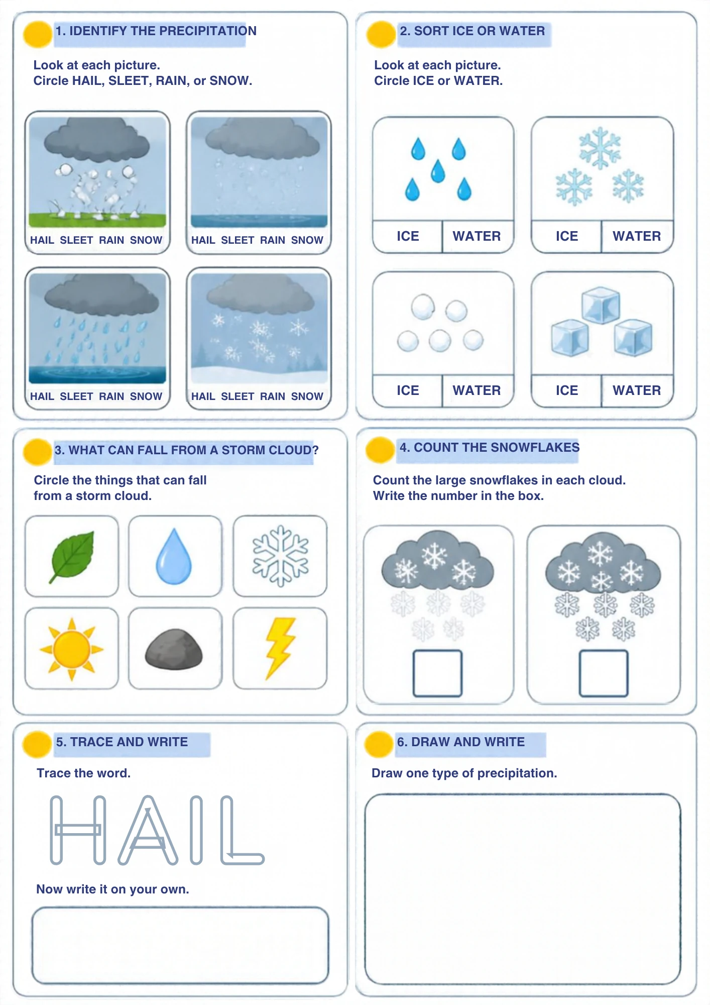 The full Precipitation: Hail, Sleet and Snow weather worksheet: Name what falls from the sky, sort ice from water, count the snowflakes and trace the word HAIL.