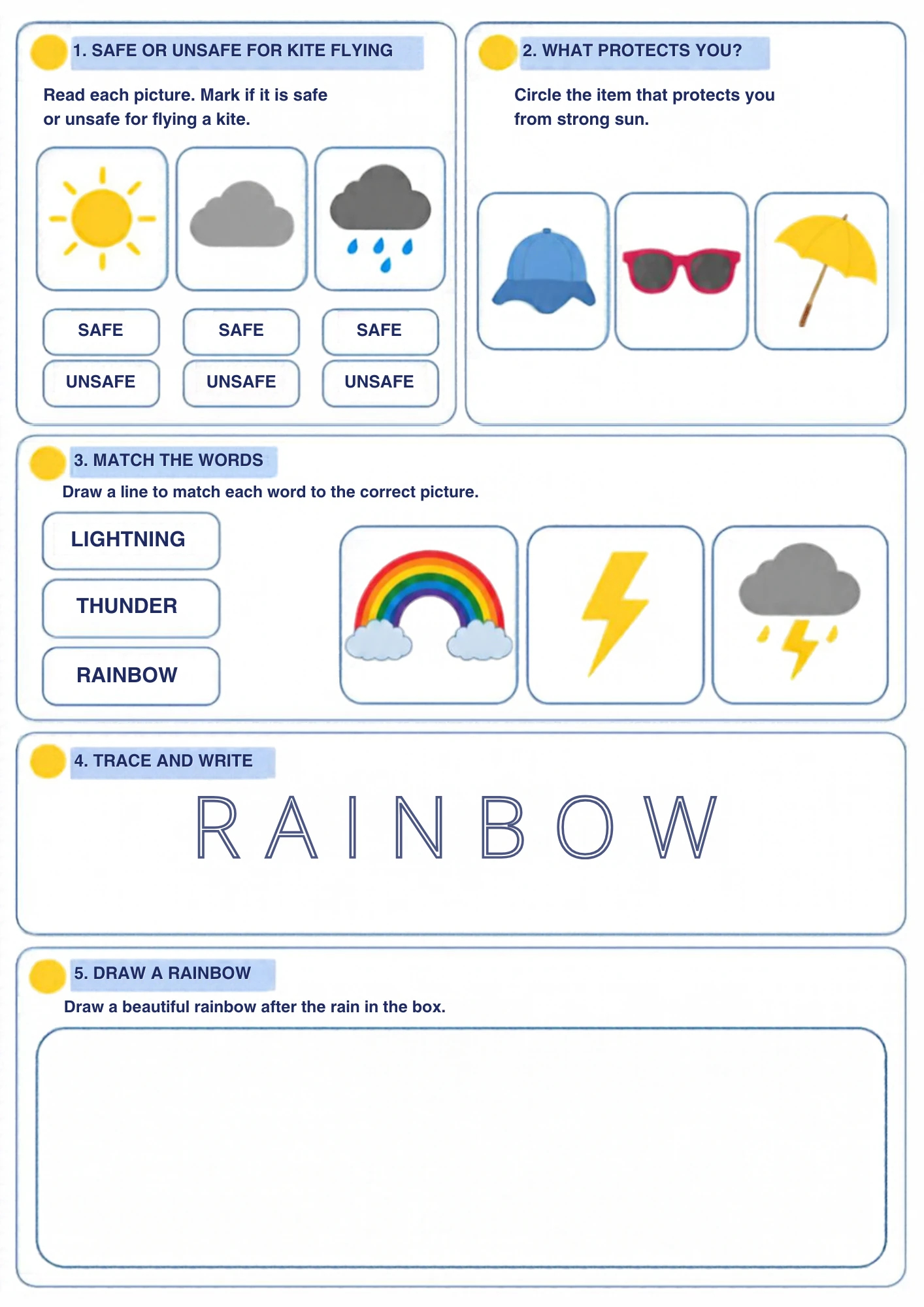 The full Rainbow and Kite Weather Safety weather worksheet: Mark kite-flying weather safe or unsafe, circle the sun protection, match storm words and trace RAINBOW.