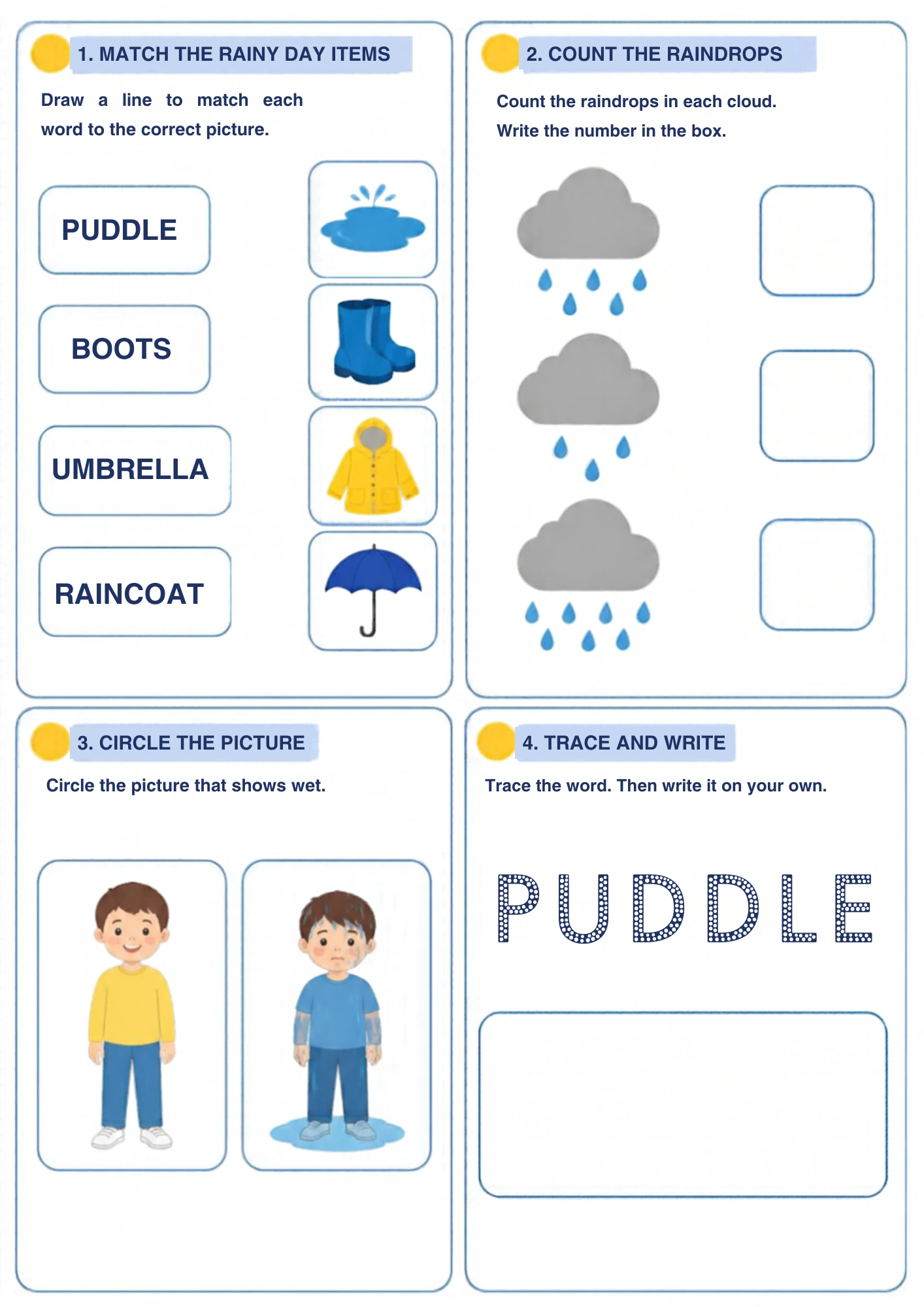 A rainy day puddle worksheet for ages 4–5: match the rain gear, count raindrops, circle the child ready for puddles and trace the word PUDDLE. Printable.