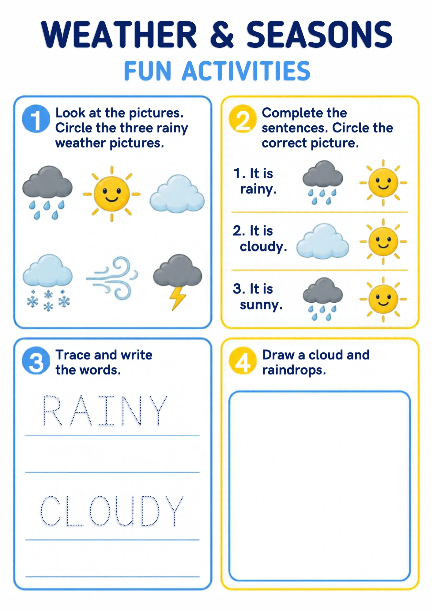 A rainy-day activities worksheet for ages 4–5: circle the three rainy pictures, complete the weather sentences, trace the words and draw the cloud with raindrops. Printable.