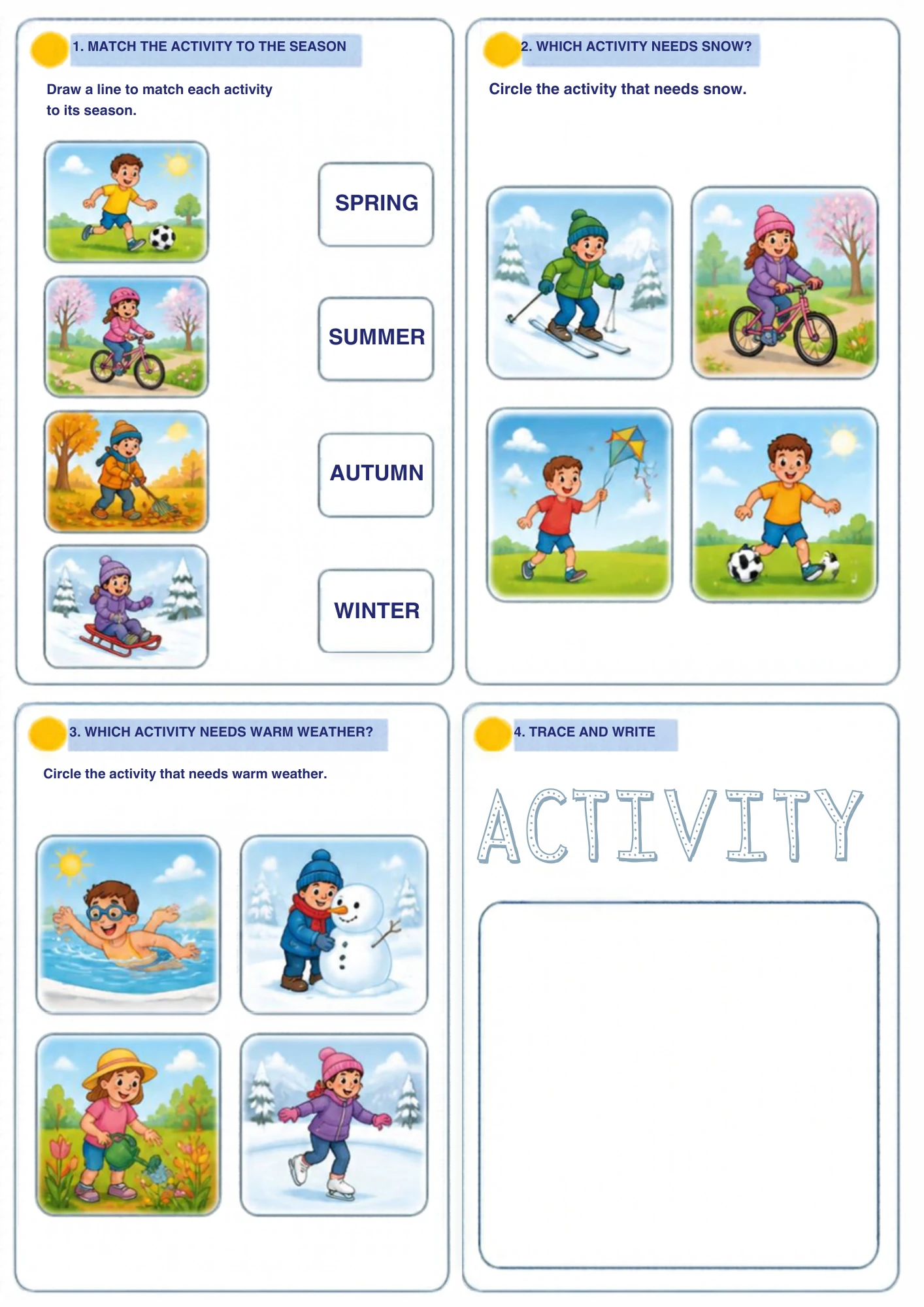 The full Seasonal Activities weather worksheet: Match each activity to its season, spot what needs snow and what needs warmth, and trace ACTIVITY.