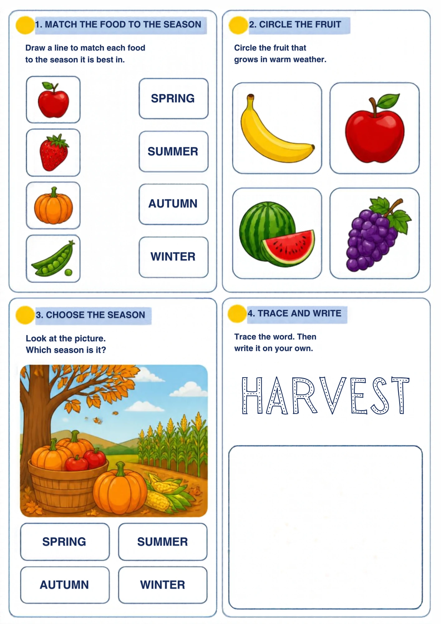 The full Seasonal Foods and Harvest weather worksheet: Match foods to their season, circle the warm-weather fruit, name the harvest scene and trace HARVEST.