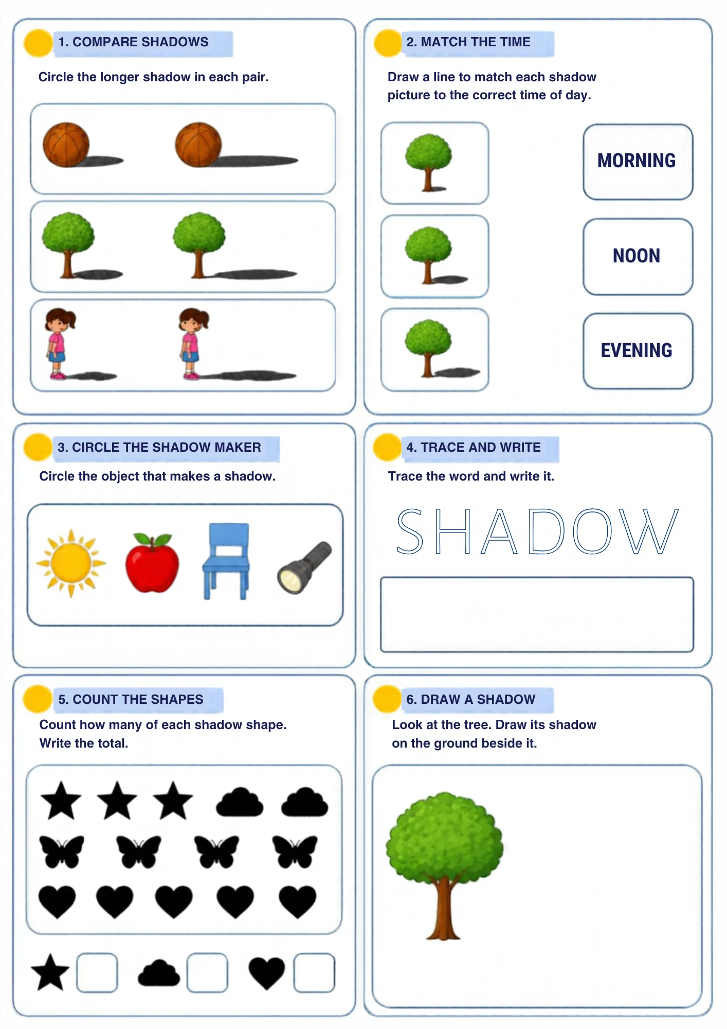 The full Shadows weather worksheet: Compare shadow lengths, match shadows to the time of day, circle the shadow maker and trace SHADOW.