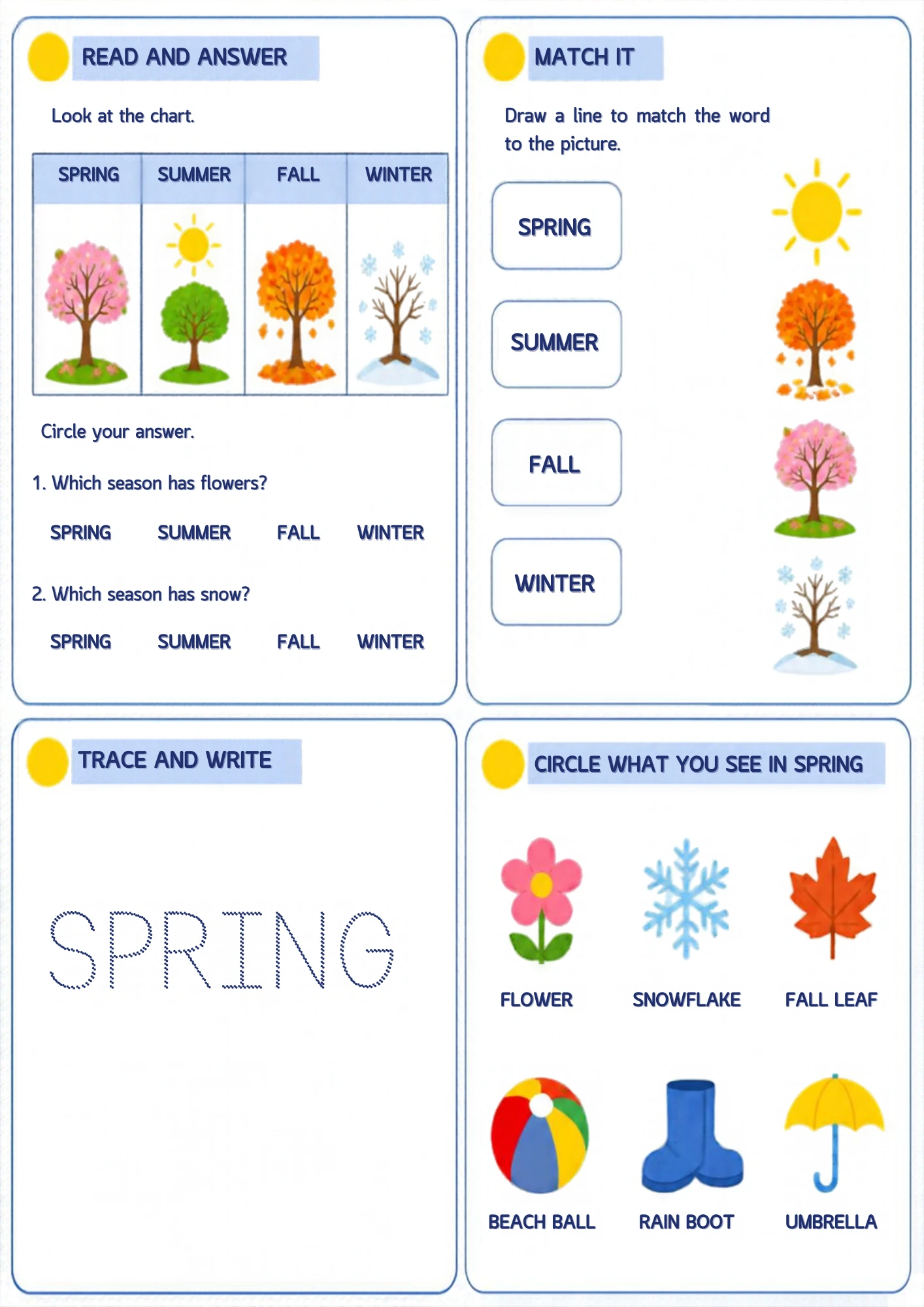 The full Spring and Seasons Chart weather worksheet: Answer the season questions, match the pictures, circle the spring things and trace the word SPRING.