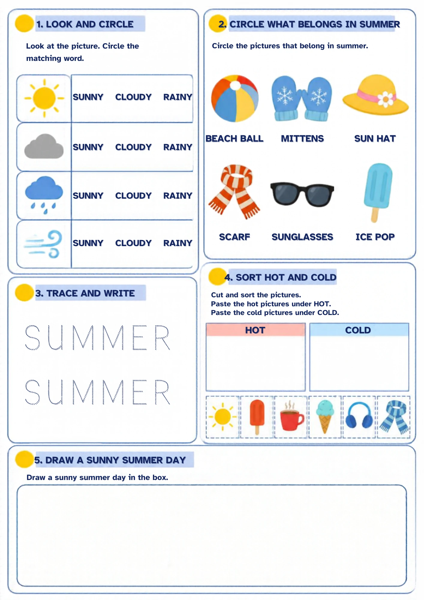 A summer hot-and-cold worksheet for ages 4–5: circle what belongs to summer, sort hot things from cold, trace the word SUMMER and draw a sunny day. Printable.