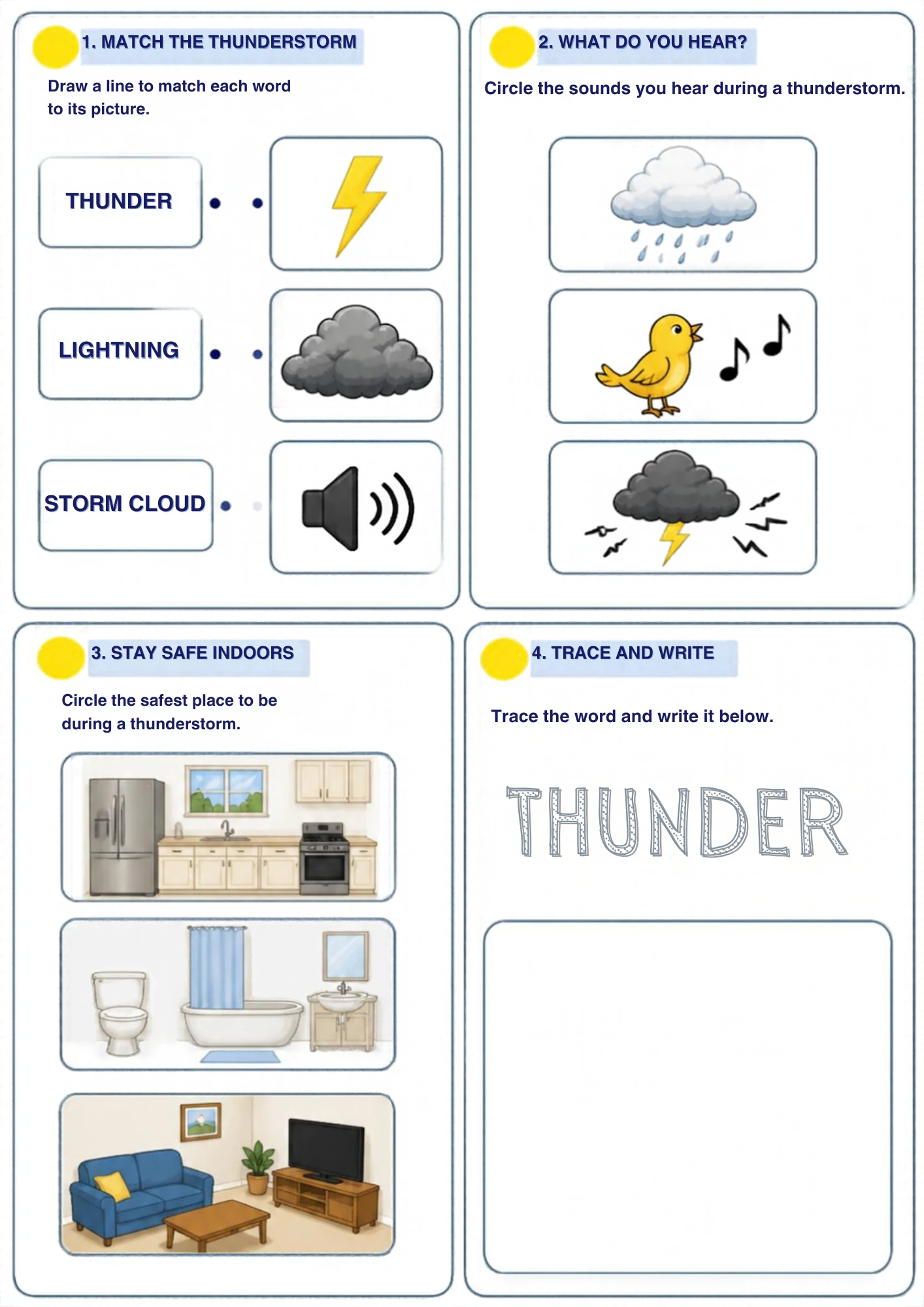 The full Thunderstorm Safety weather worksheet: Match the storm words, name what you hear, circle the safe indoor spots and trace the word THUNDER.
