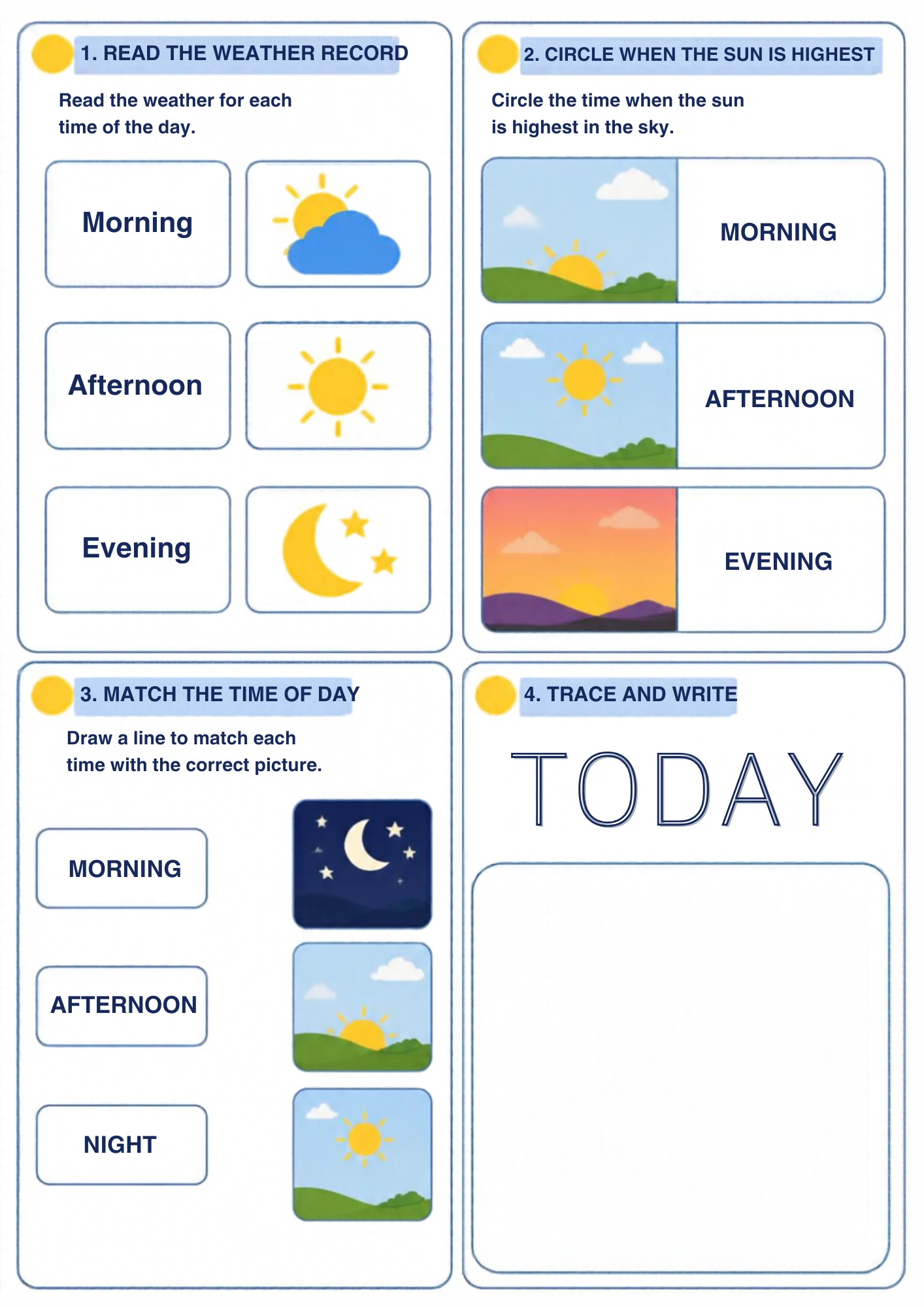 The full Time of Day Weather Record weather worksheet: Read the weather at morning, afternoon and evening, circle the highest sun, match the times and trace the word TODAY.