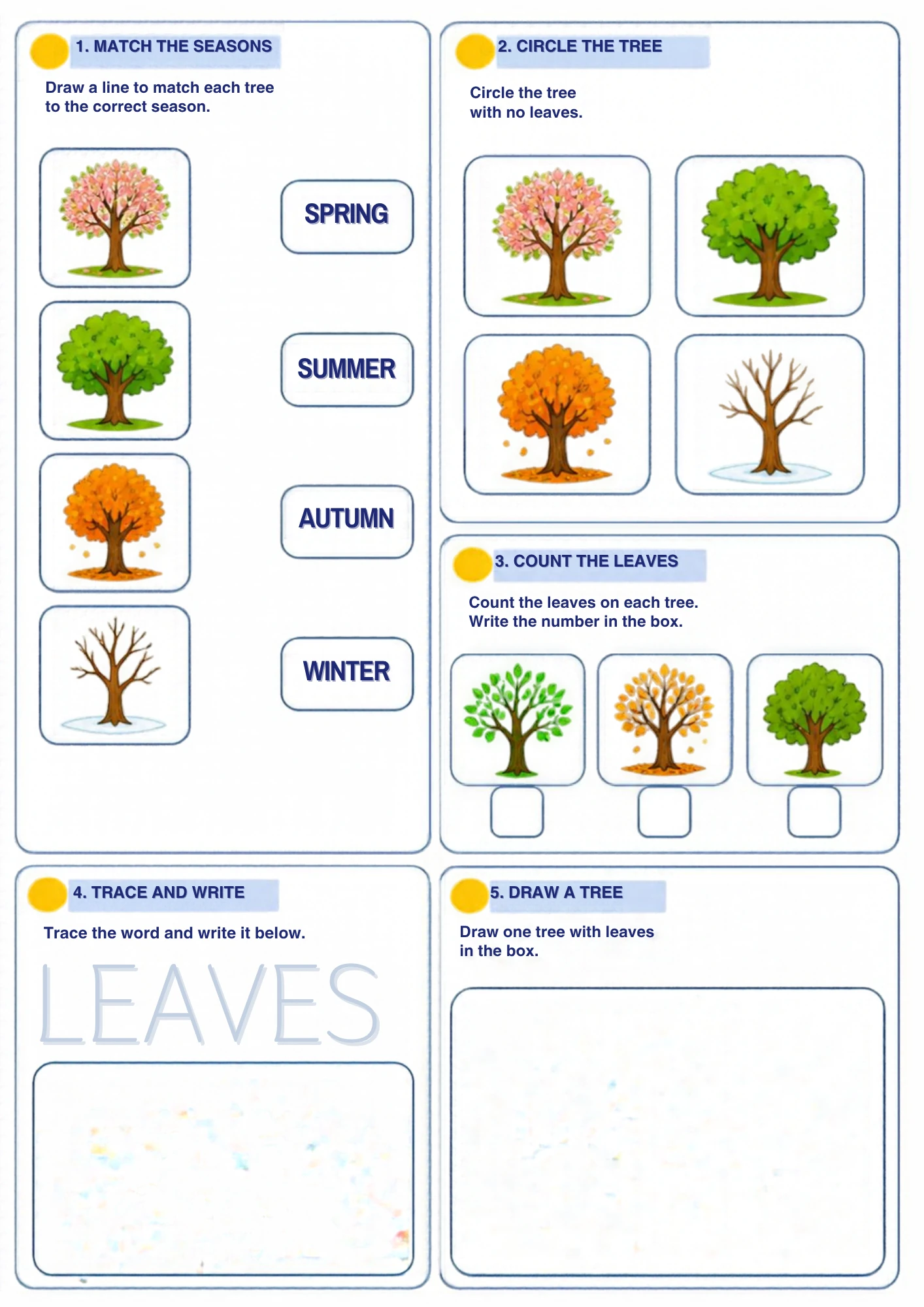 The full Trees in Four Seasons weather worksheet: Match four trees to their seasons, circle the bare one, count the leaves and trace the word LEAVES.