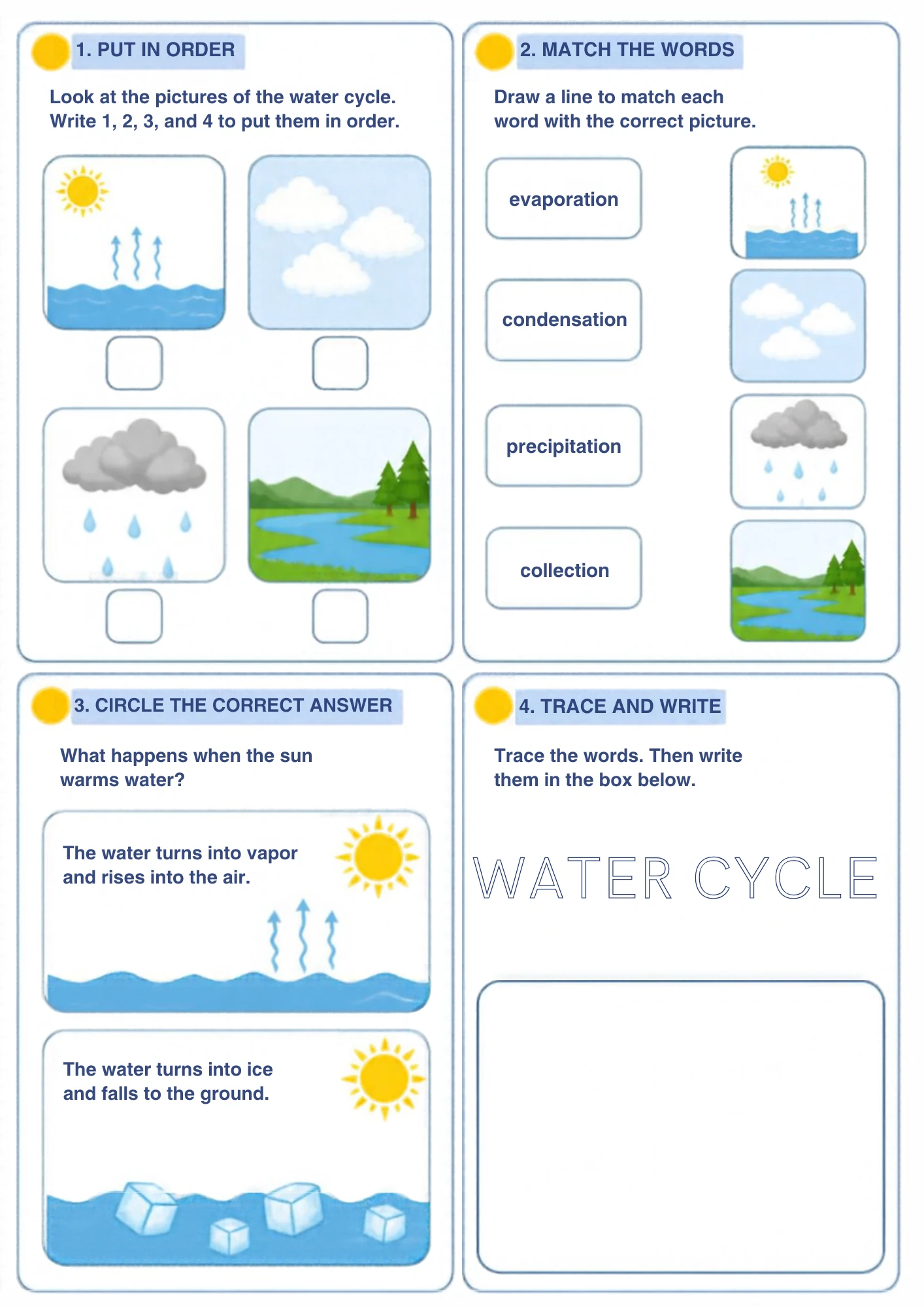 The full The Water Cycle weather worksheet: Put the water cycle in order, match evaporation to collection, answer the sun question and trace WATER CYCLE.