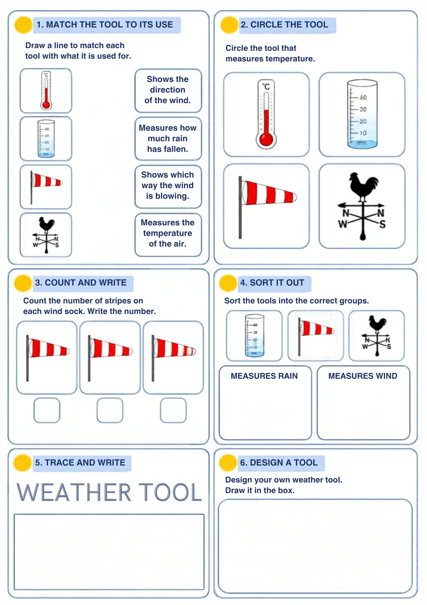 The full Weather Tools weather worksheet: Match four tools to their jobs, circle the thermometer, count windsock stripes, sort rain tools from wind tools and trace WEATHER TOOL.