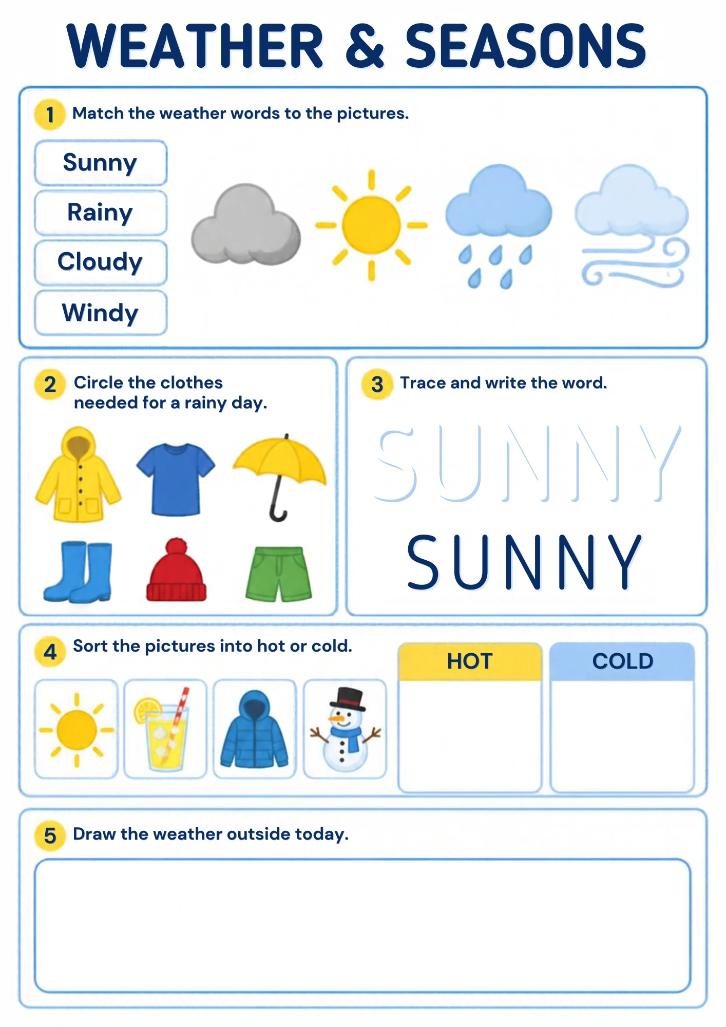 The full Weather Words Matching weather worksheet: Match four weather words to their pictures, circle rainy-day clothes, sort hot from cold and trace the word SUNNY.