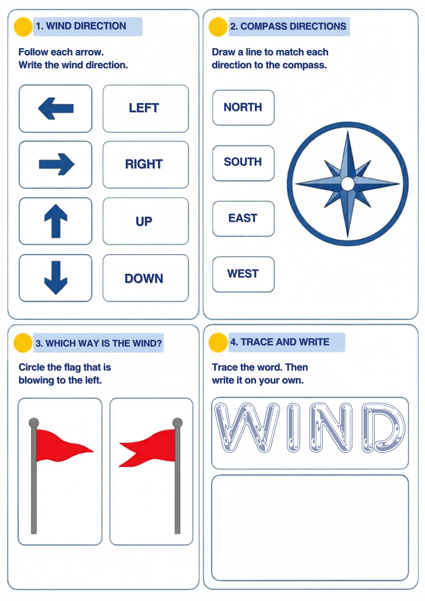 The full Wind Direction and Compass weather worksheet: Follow the arrows to name wind directions, match north, south, east and west to the compass and catch the flag blowing left.