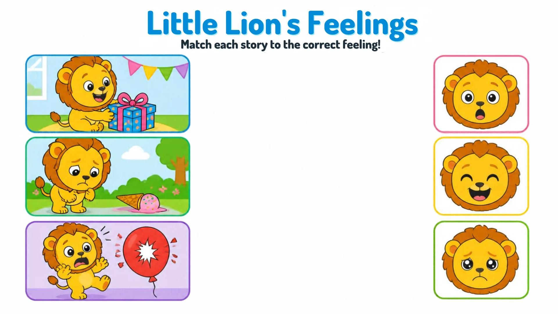 Three story cards — a gift, a dropped ice cream, a popped balloon — beside three lion faces: surprised, happy and sad.