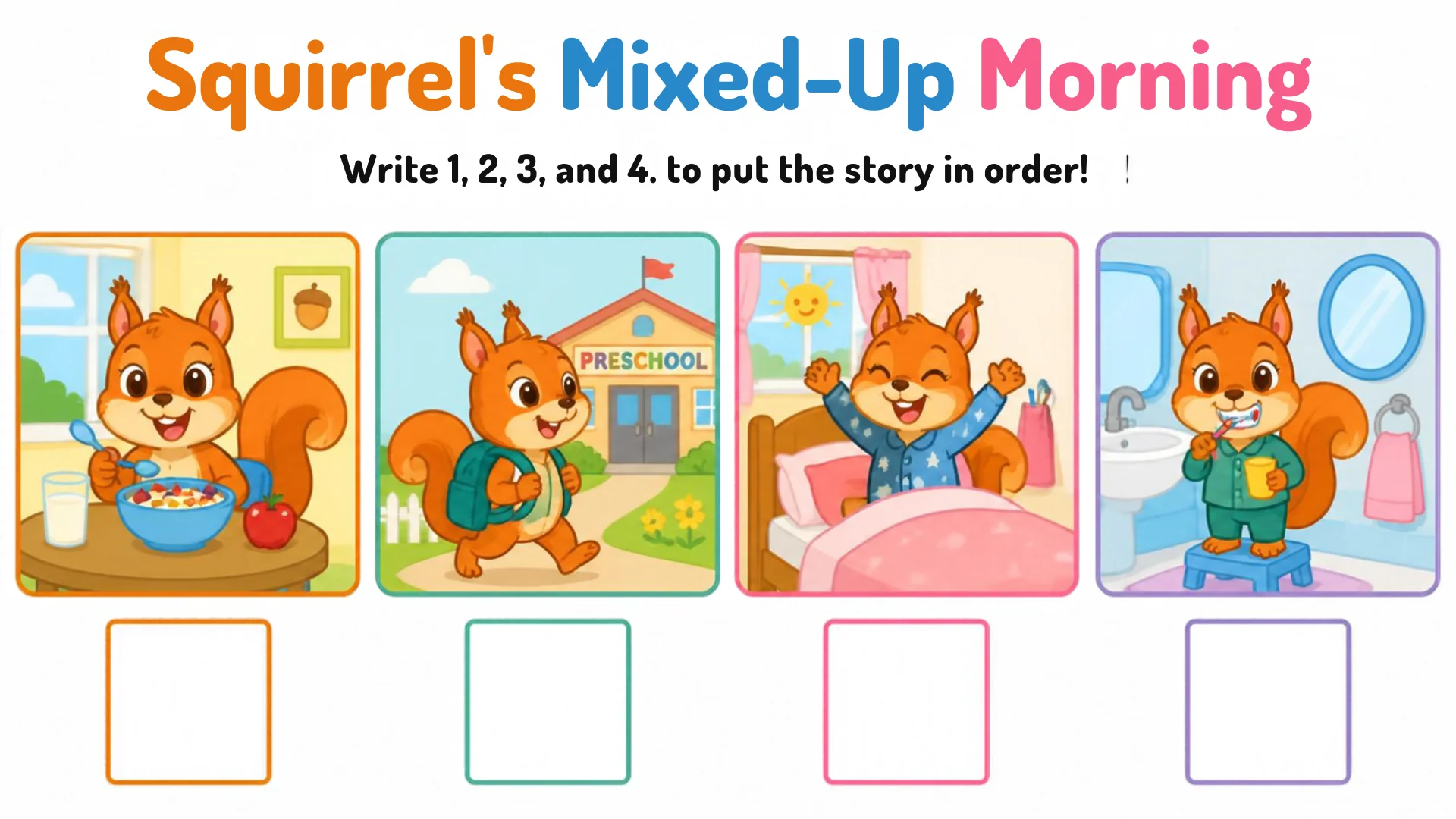 Four morning panels: eating cereal, walking to preschool, waking up in bed, and brushing teeth, with number boxes below.
