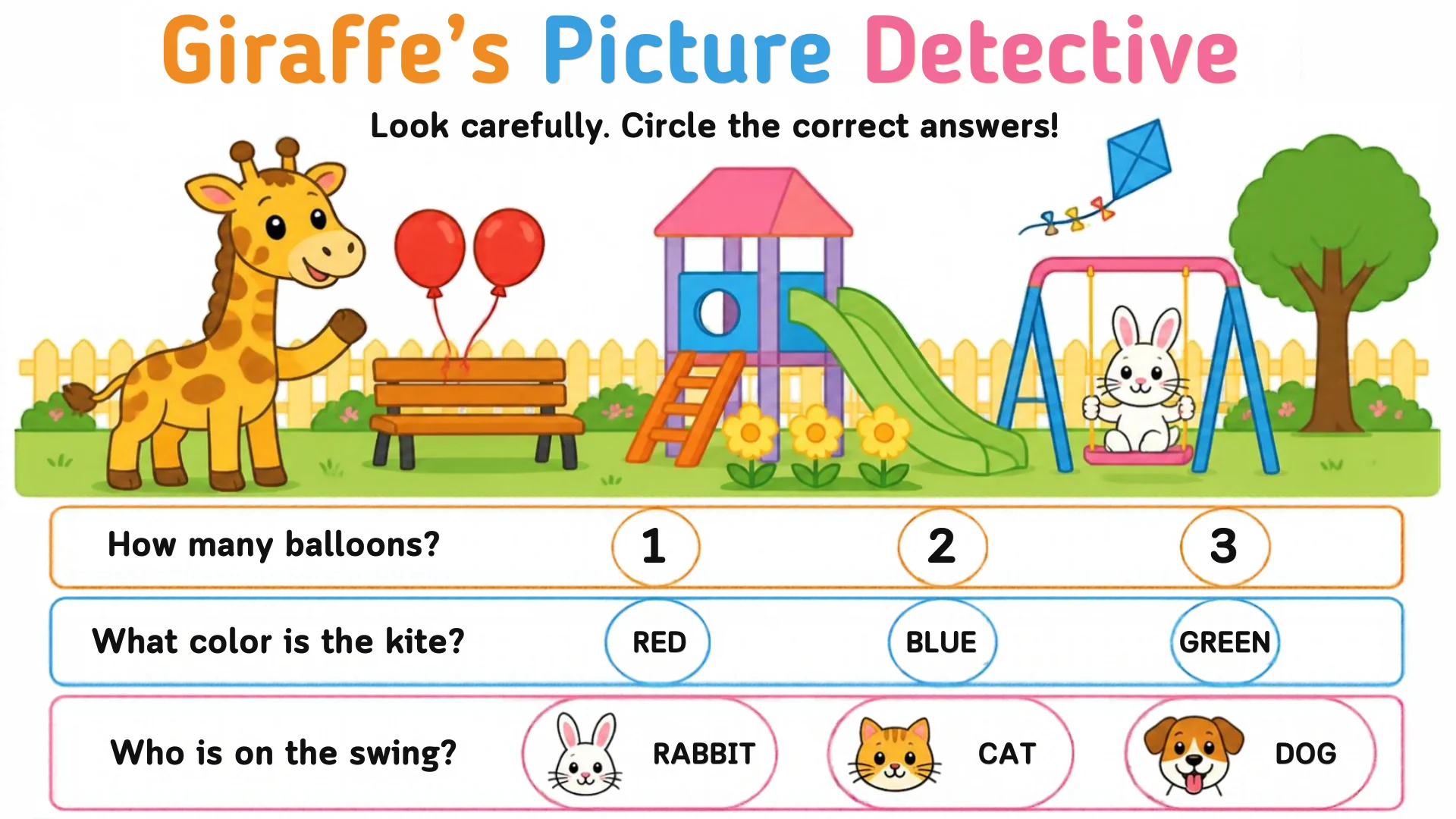 A playground scene with Giraffe holding two red balloons, a blue kite, a slide and Rabbit on the swing, with three question rows.