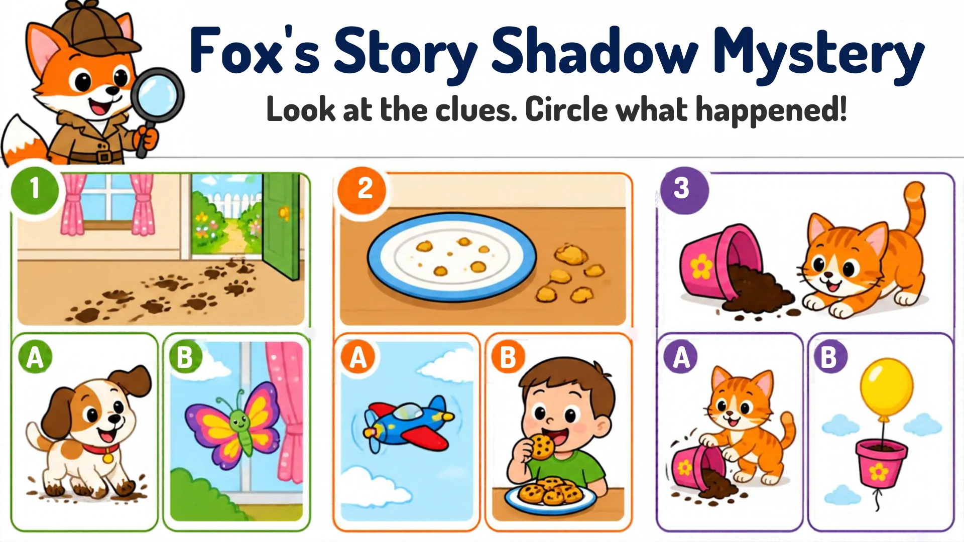 Three numbered clue pictures — muddy footprints by an open door, a plate of cookie crumbs, and a tipped flowerpot with a kitten — each above two answer cards.