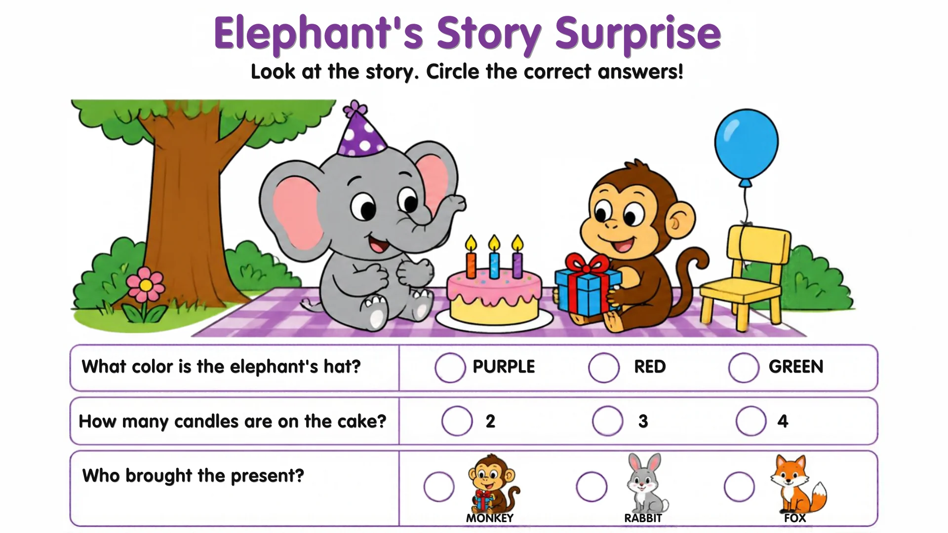 An elephant in a purple party hat beside a monkey holding a gift, a cake with three candles and a balloon, with three question rows.
