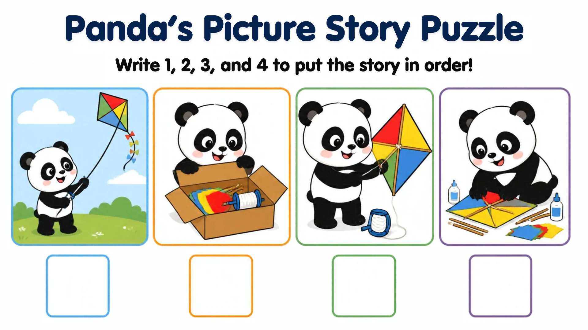 Four panda panels — flying a kite, opening a box of kite parts, holding the finished kite, gluing kite pieces — with number boxes below.