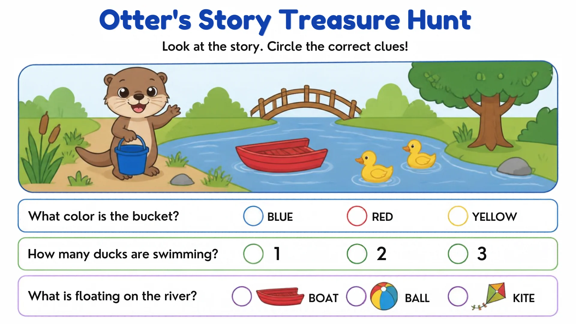 Otter with a blue bucket on a riverbank with a red boat and two ducks, with three question rows.