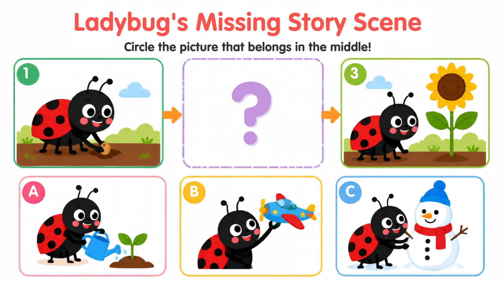 Ladybug planting a seed, a question mark, and Ladybug beside a tall sunflower — with three choices: watering a sprout, a toy airplane, a snowman.
