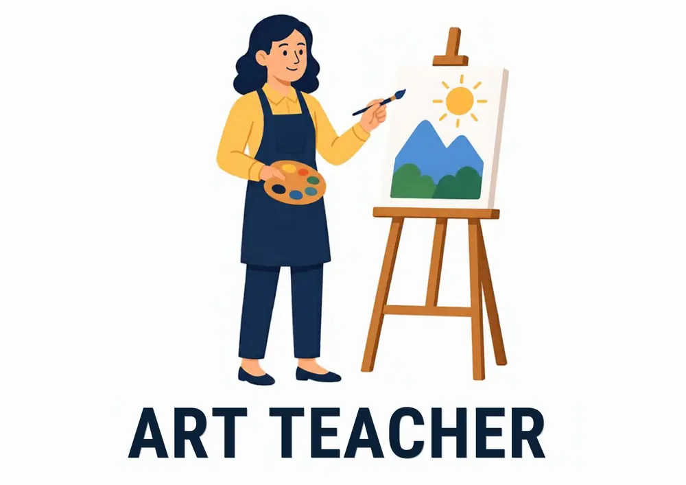 A Who Works at My School card titled Art Teacher: an art teacher with a paint palette paints a mountain picture at a wooden easel.