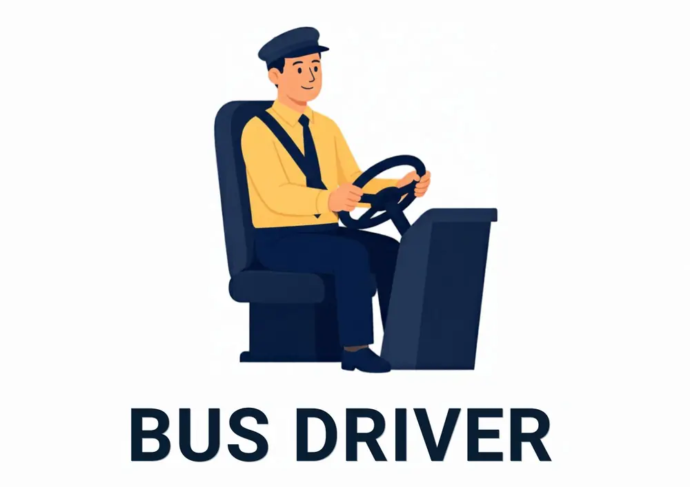 A Who Works at My School card titled Bus Driver: a bus driver in a cap sits at the big steering wheel of the school bus.