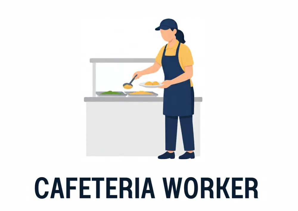 A Who Works at My School card titled Cafeteria Worker: a cafeteria worker in an apron and cap serves food from the lunch counter.