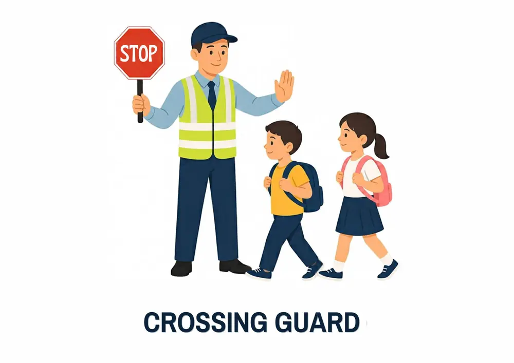 A Who Works at My School card titled Crossing Guard: a crossing guard in a safety vest holds up a STOP sign while two children with backpacks cross.