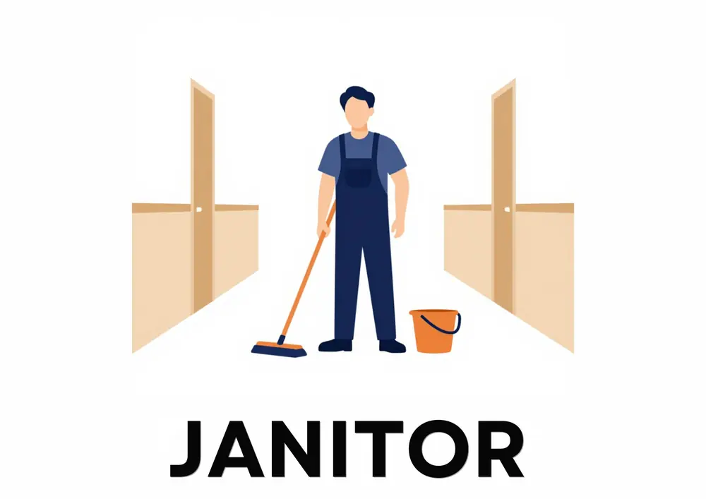 A Who Works at My School card titled Janitor: a janitor in overalls mops the floor between two doors, a yellow bucket beside him.