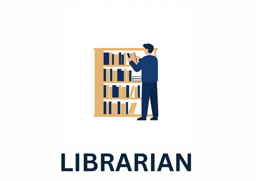 A Who Works at My School card titled Librarian: a librarian reaches for a book on a tall library shelf.