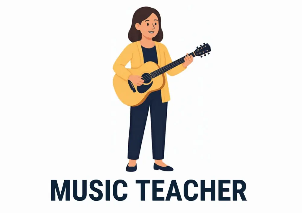 A Who Works at My School card titled Music Teacher: a music teacher in a yellow jacket holds a guitar.