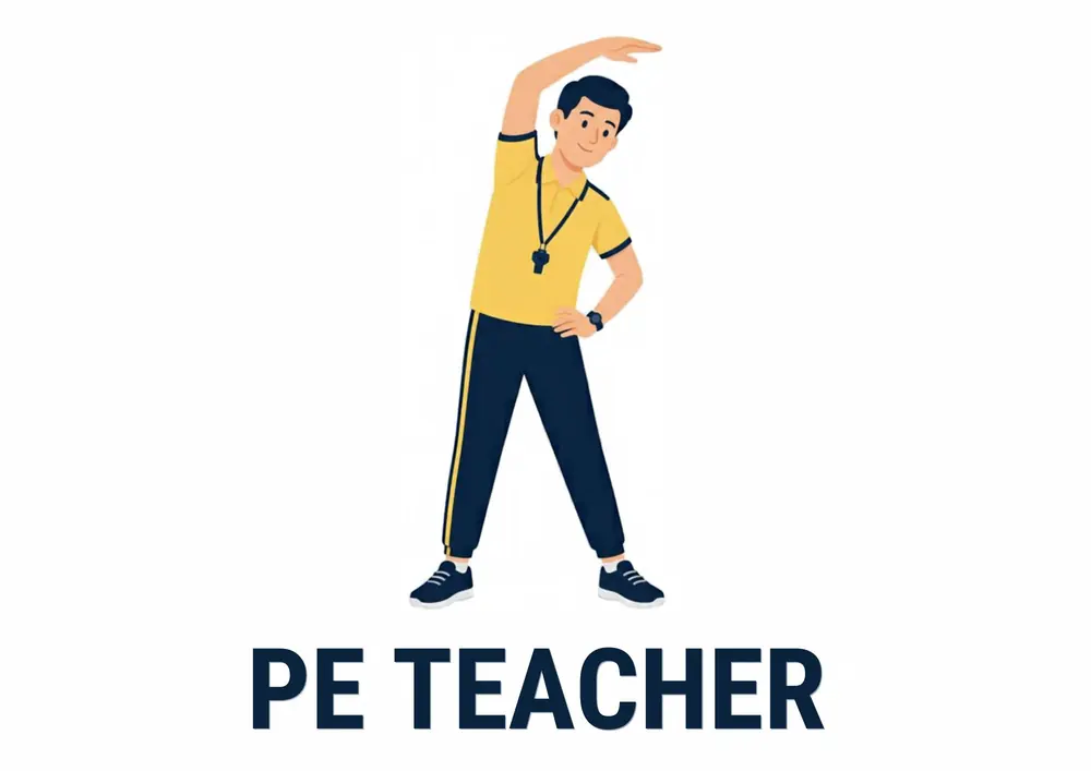 A Who Works at My School card titled PE Teacher: a PE teacher with a whistle around his neck stretches one arm up high.