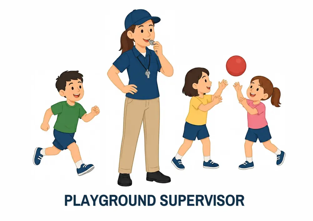 A Who Works at My School card titled Playground Supervisor: a supervisor with a whistle watches three children play with a red ball.