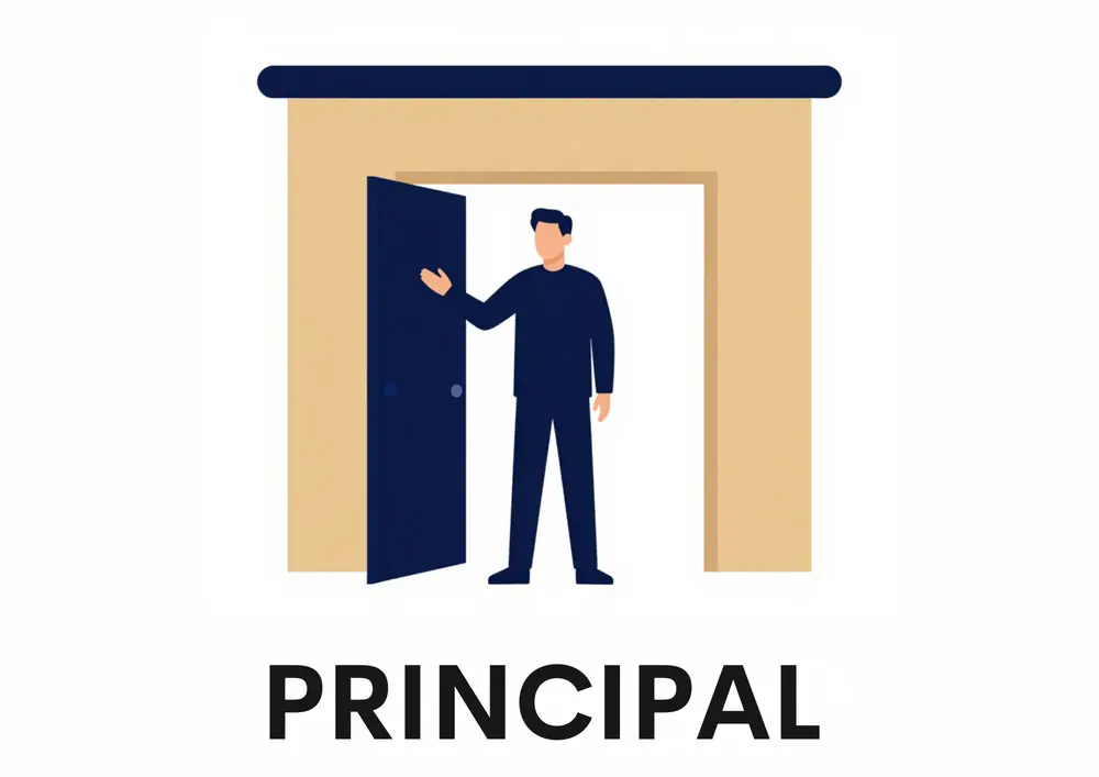 A Who Works at My School card titled Principal: the principal in a suit stands at his open office door.
