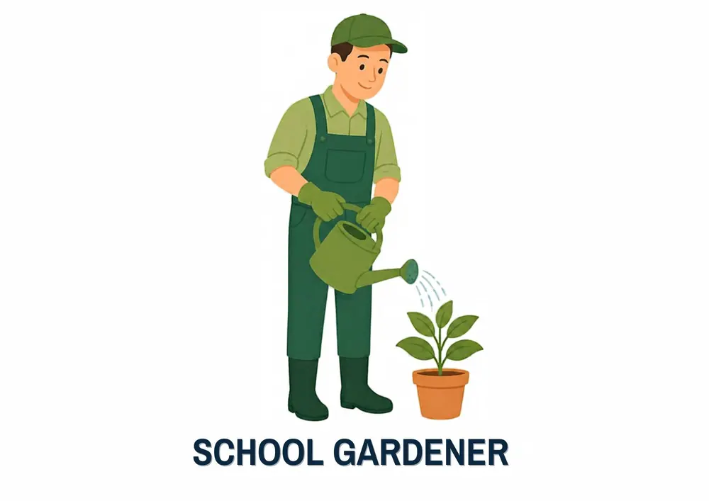 A Who Works at My School card titled School Gardener: a gardener in green overalls waters a potted plant with a watering can.