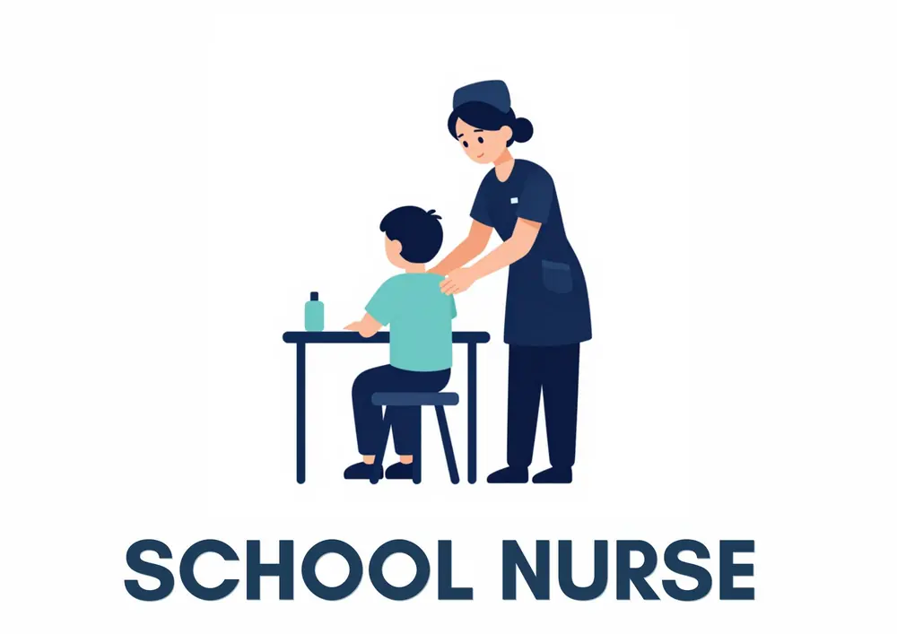 A Who Works at My School card titled School Nurse: the school nurse in a navy uniform and cap cares for a child sitting at a desk.