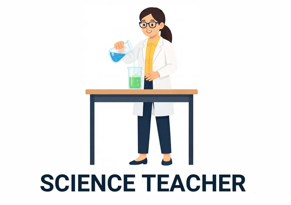 A Who Works at My School card titled Science Teacher: a science teacher with glasses holds up a flask at the science table.
