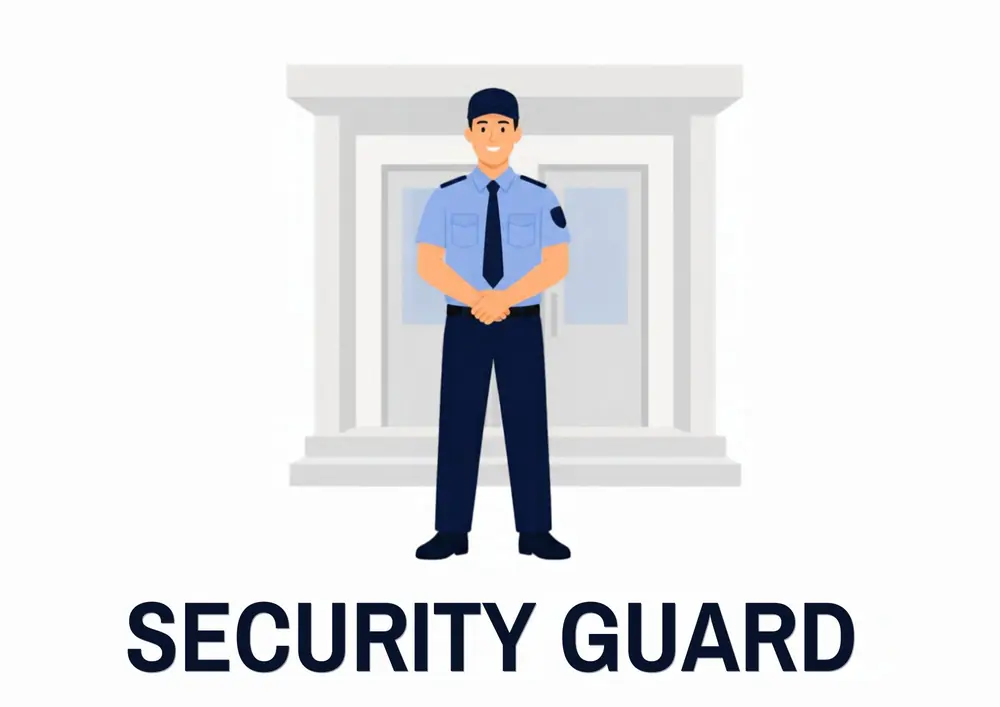 A Who Works at My School card titled Security Guard: a security guard in a blue uniform stands at the school gate.