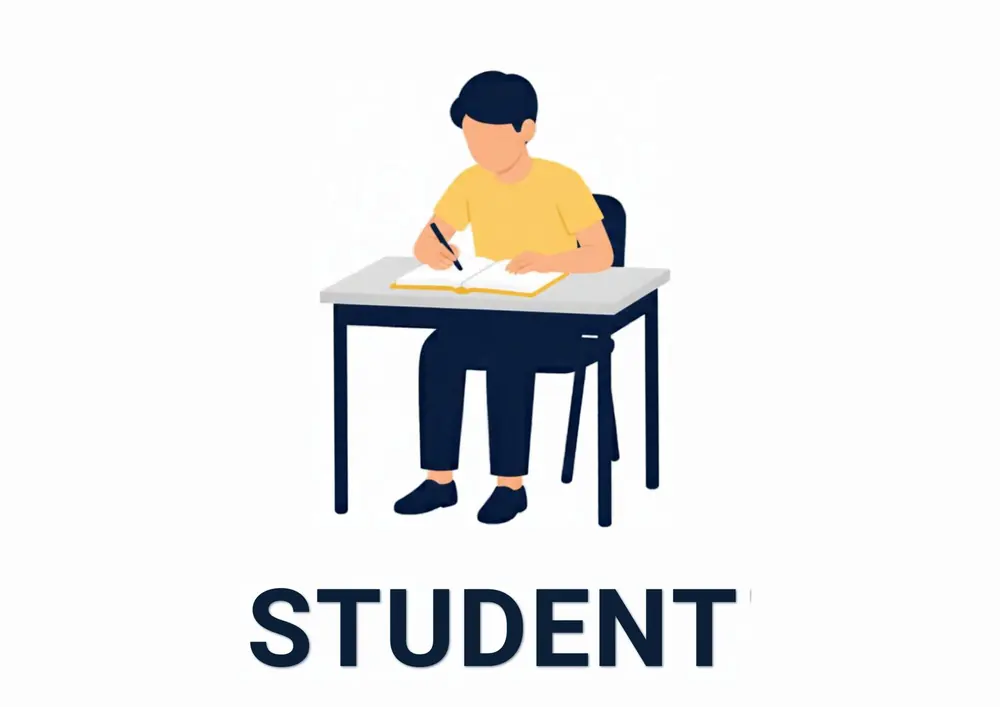 A Who Works at My School card titled Student: a student sits at a school desk doing work.