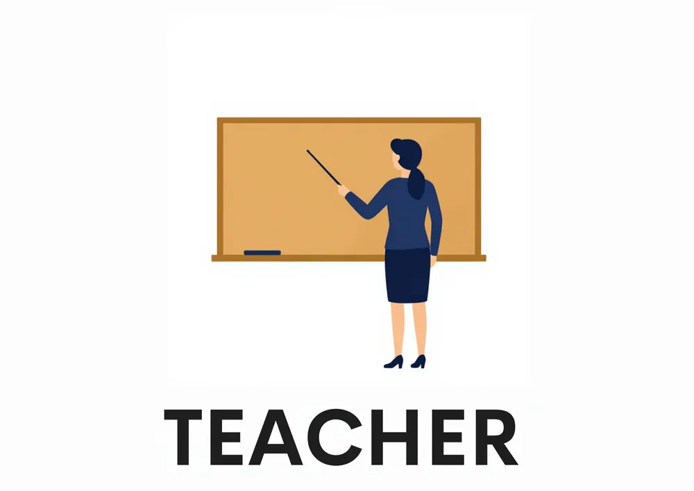 A Who Works at My School card titled Teacher: a teacher points at a green chalkboard.